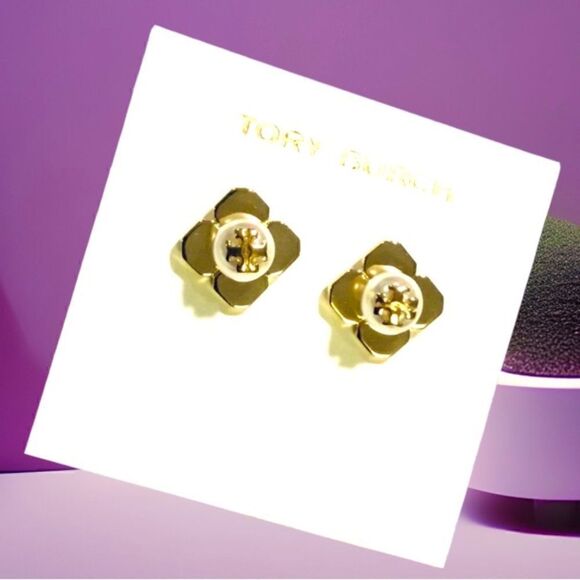 TORY BURCH FLOWERS BUDS PEARLS STUD EARRINGS 18K GOLD OVER BRASS - Picture 2 of 3